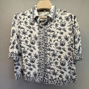 Max Studio Blouse Large Blue White Floral Toile Chinoiserie Rayon Button Up